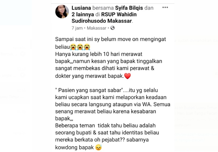 Tangkapan layar laman facebook salah seorang perawat yang menangani Bupati Luwu Timur, M Thorig Husler selama dirawat di RS Wahidin Sudirohusodo Makassar.