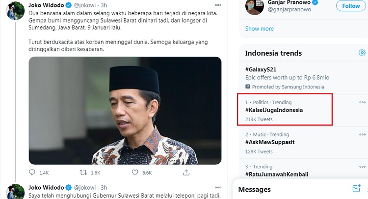 Cuitan Presiden Joko Widodo yang hanya menyebut dua daerah dilanda bencana, padahal di kalimantan Selatan juga terjadi banjir parah. foto:tangkapan layar twitter @jokowi