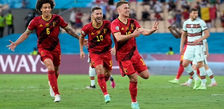 Thorgan Hazard jadi pahlawan kemenangan Belgia atas Portugal pada babak 16 besar Euro 2020 di Estadio de La Cartuja (Sevilla), Senin (28/6/2021) dini hari WITA. ft/twitter @euro2020