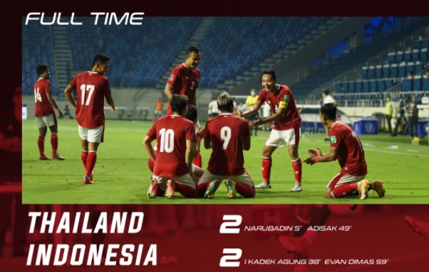 Pertandingan Kualifikasi Piala DUnia 2022 antara Indonesia vs Thailand di Al-Maktoum Stadium, Dubai, Uni Emirat Arab (UEA), Jumat (4/6/2021) dini hari WITA, berakhir imbang 2-2. foto:pssi