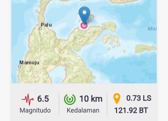 Titik koordinat gempa 6,5 Tojo Una-una, Senin (26/7/2021) malam.