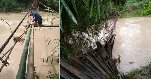 Tangkapan layar video seorang warga Desa Malela, Kec Suli, Kab Luwu, Sulsel, memperbaiki jembatan yang rusak diterjang banjir.