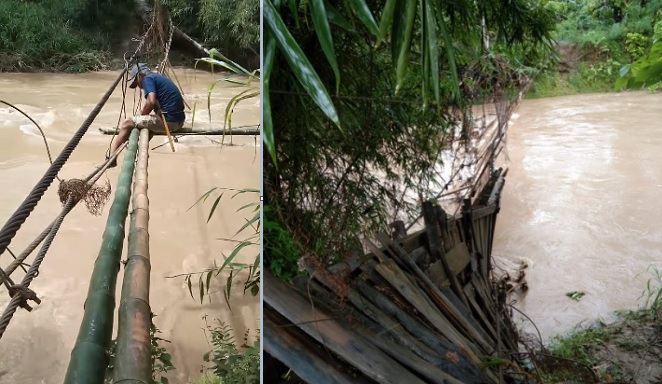 Tangkapan layar video seorang warga Desa Malela, Kec Suli, Kab Luwu, Sulsel, memperbaiki jembatan yang rusak diterjang banjir.