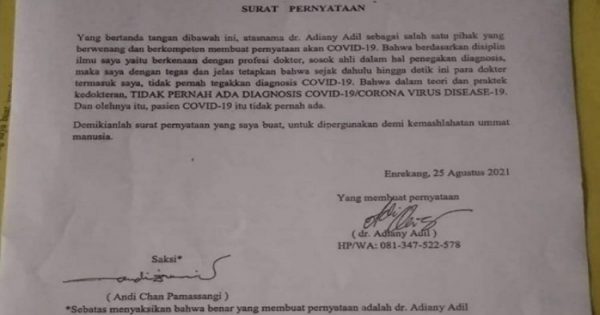 Surat pernyataan dokter Andiany Adil yang tidak percaya dengan Covid-19.