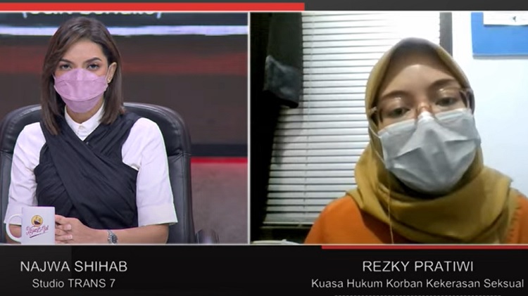 Tangkapan layar video wawancara pengacara korban pencabulan di Luwu Timur, Rezky Pratiwi di acara Mata Najwa, Rabu (13/10/2021) malam.