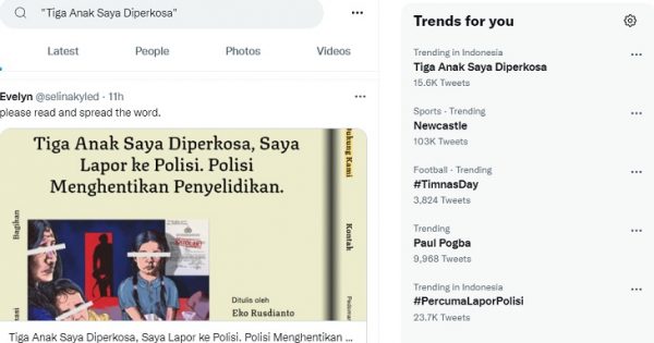 Kasus pemerkosaan bocah bersaudara di Luwu Timur trending di twitter, Kamis (7/10/2021) dengan tagar Tiga Anak Saya Diperkosa. Foto: Tangkapan layar laman Twitter.