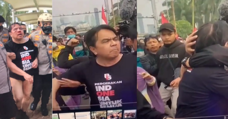 Ade Armando dikeroyok massa aksi 11 April di depan Gedung DPR/MPR RI, Senayan, Jakarta, Senin (11/4). Foto:Tangkapan layar video instagram