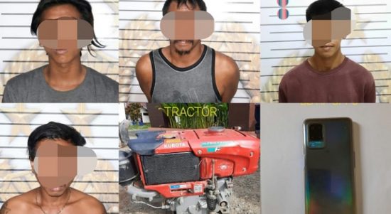 Para terduga pelaku pencuran barang elektronik dan mesin traktor yang ditangkap anggota Polsek Malilim Luwu Timur.