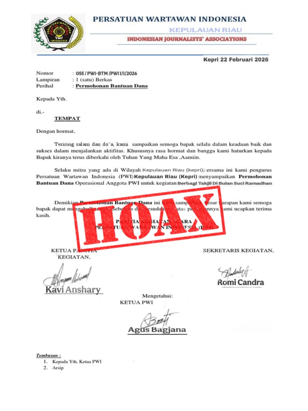 Proposal Bodong Catut Nama PWI Kepri, Pengurus Siap Lapor Polisi