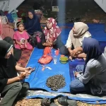 Warga pengungsi banjir Kabupaten Bireuen, Aceh, berkumpul di dalam tenda di halaman Kantor Bupati Bireuen, duduk berdesakan di atas terpal saat malam hari.